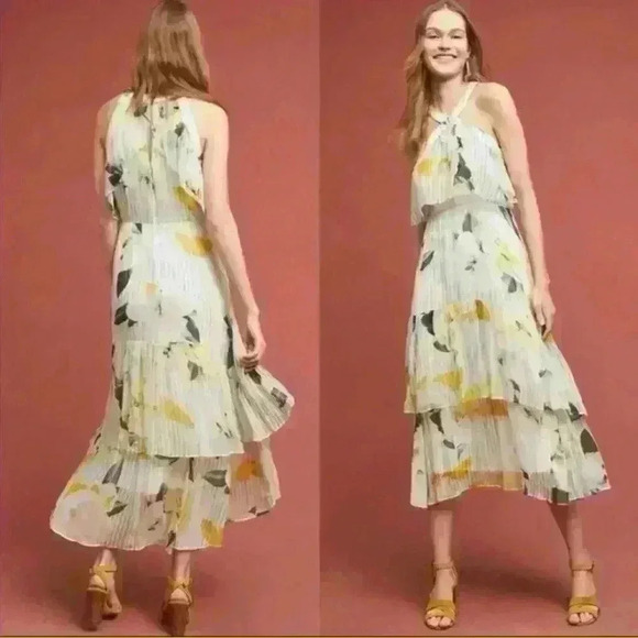 NWT by Anthropologie Garden Party Midi Floral Tiered Halter Dress Size 8 Yellow - Picture 1 of 15